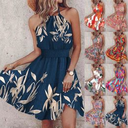 Casual Dresses Summer Sleeveless Floral Printed Dress Women'S Neck Hanging Slim Waist Skirt Bohemian Style Elegant Ruffle Beach