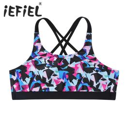 Vest Childrens and Girls Ballet Top Flower Print Crop Top Backless Shoulder Strap Cris Cross Back Top Used for Gym Exercise Activity ClothingL2405