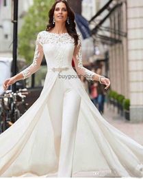 2020 Sexy Long Sleeve White Jumpsuits Wedding Dresses Lace Satin With Overskirts Beads Crystals Plus Size Bridal Gowns Pants Formal Dress