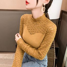 S-2XL Womens Lace Knitted Patch Work T-shirt Long sleeved Shirt Staff Neckline Mesh Turtle Neckline Top Autumn Winter Sweater Red Apricot Tree 240508
