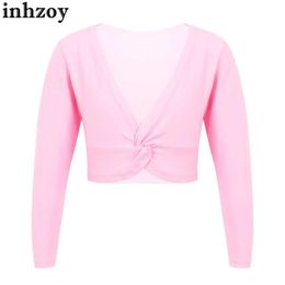 Dancewear Kids Girls Ballet Dance Cardigans Crop Top for Leotard Long Sleeve V Neckline Solid Colour Wrap Top Sweater Spring Bolero ShrugL2405