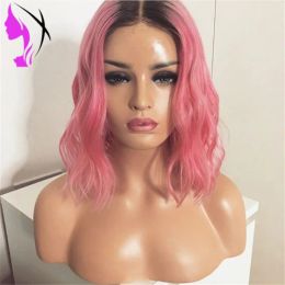 Wigs Hot ombre synthetic lace front wig heat resistant pink color Simulation Human Hair short bob wig for black women