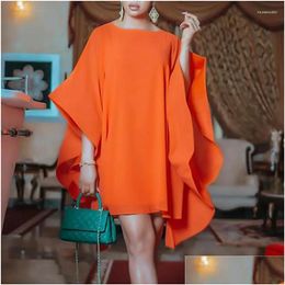 Basic Casual Dresses Lemongor 2023 Elegant Batwing Sleeve Party Evening Orange Dress Summer Fashion Solid Colour Round-Neck Mini For Dh3Pw