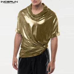 Men's T Shirts Handsome Well Fitting Tops INCERUN Pile Up Collar Flash Fabric T-shirts Casual Male Short Sleeved Tees S-5XL