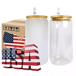 US CA STOCKSublimation Glass Cups with Bamboo Lids and Straws 16oz Frosted Blanks Sublimation Beer Cans Sublimation Tumblers for Beer, Juice Soda Iced Coffee 5118