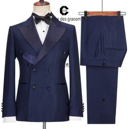 Men's Suits Cenne Des Graoom 2024 Elegant Blue Tuxedo For Men Double Breasted Satin Collar Jacket Pant 2 Pcs Set Wedding Evening
