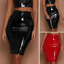 Skirts Women High Waist Skirt Faux Leather Club With Zipper Closure Slim Fit Knee Length Party For Solid