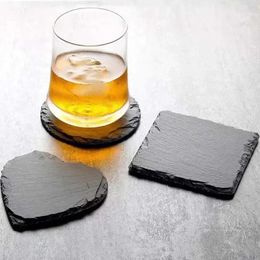 Table Mats Handmade Natural Circular Rough Edge Black Slate Stone Coasters Bulk Square Cup For Drink Bar Kitchen Home