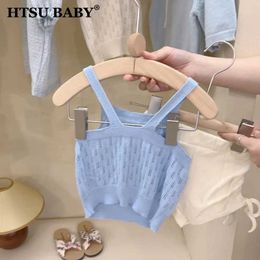 Vest HTSU BABY Girls Tank Top Summer Korean Knitted Pendant Solid Color Baby Hollow Blue Tank Top Childrens Thin TopL240502