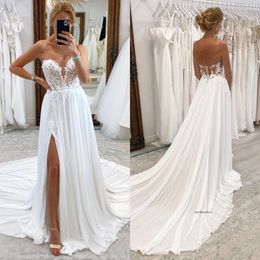 Boho A Line Dresses Lace Sweetheart Button Back Wedding Dress Sweep Train Slit Designer Bridal Gowns 0515