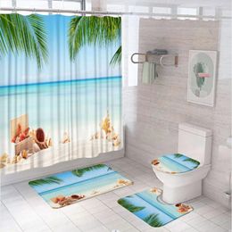 Shower Curtains Blue Ocean Palm Tree Scenery Curtain Sets Starfish Conch Beach Bathroom With Bath Mat Pedestal Rug Toilet Covers