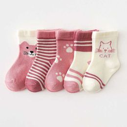 Kids Socks 5 pairs/set of pink baby girl socks cute cartoon cat newborn short socks autumn warm cotton baby striped socksL2405