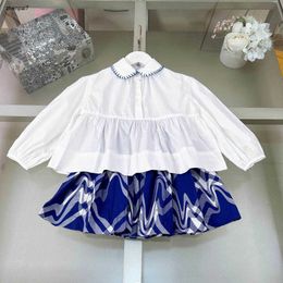 Top kids dress sets high quality child tracksuits baby girl clothes Size 110-160 White long sleeved shirt and blue short skirt 24Feb20
