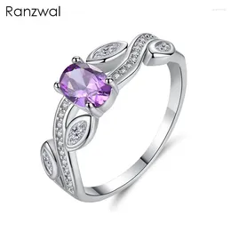 With Side Stones Ranzwal Women Purple CZ Stone Ring White Gold Colour Leaf Engagement Jewellery Femme Bijoux Bague US SIZE 6-9 ARI314