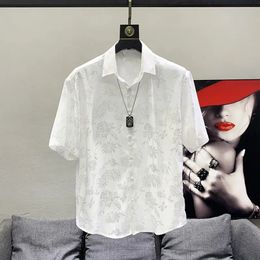 Mens high-quality retro floral casual street clothing Y2K button up shirt fashionable lapel black and white loose short sleeved top Ropa Hombre 240511