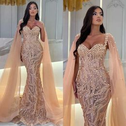Stunning Champagne Mermaid Evening Dresses Elegant With Cape Pearls Sweetheart Sequins Prom Dress Arabic Formal Dresses For Women 0515