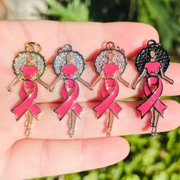 5pcs Enamal Pink Ribbon Afro Black Girl Charms Zirconia Pave Breast Cancer Awareness Pendants for Women Bracelet Necklace Making 240514