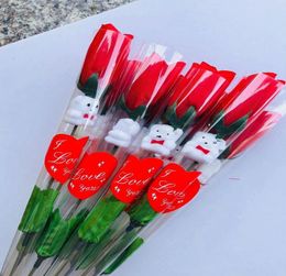 Simulation Rose Flower Single Red Roses Cartoon Bear With a heartshaped Sticker Valentines Day Gift Mothers Day Gift Wedding HH212814275