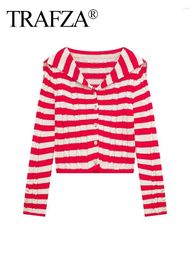 Women's Knits TRAFZA 2024 Spring Red And White Stripes Sweater Causal Long Sleeve Navy Collar Single Breasted Cropped Knitted Cardigan