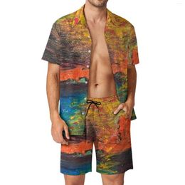 Men's Tracksuits Oil Painting Men Sets Abstract Landscape Casual Shirt Set Trendy Fitness Outdoor Shorts Summer Suit Two-piece Clothing Plus