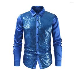 Men's Casual Shirts Men Long Sleeve Shirt Solid Colour Sequin Performance For With Turn-down Collar Sleeves Satin Club