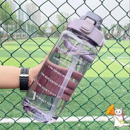 Water Bottles 2000ml Super Large Capacity Bottle With Straw&Time Marker Outdoor Reusable Plastic Portable Transparent Sports Fitness Cup