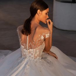 A-Line Wedding Dresses 2024 Sweetheart Cap Sleeve Beading Lace Appliques Court Train Bride Party Dress Illuison Back Vestido De Noiva