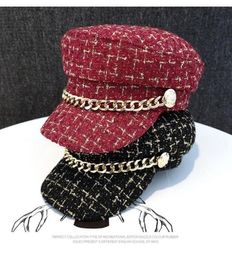 2020 Women Vintage Metal Chain Tweed Hat Winter Retro Hat Flat Berets Warm Hats Female Plaid Youth Cap DXAA6126995