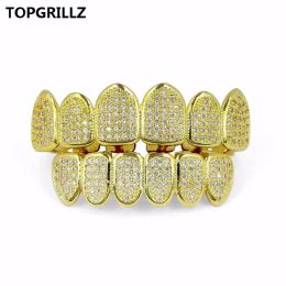 Grills TOPGRILLZ Silver & Gold Colour Plated High Quality Micro Pave CZ Stone Top & Bottom GRILLZ Mouth Hip Hop Teeth Grills Set