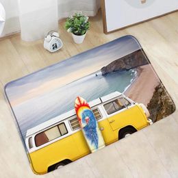 Bath Mats Summer Day Vacation Bus Mat Yellow Car Beach Surfboard Palm Tree Ocean Scenery Non-Slip Rug Bedroom Kitchen Entrance Carpet