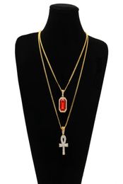 Egyptian Ankh Key of Life Bling Rhinestone Pendant With Red Ruby Pendant Necklace Set Men Fashion Hip Hop Jewelry4169029