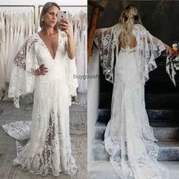 2022 Boho Beach Wedding Dresses Bridal Gown with Cape Lace Applique Backless Tulle Sweep Train Deep V Neck Custom Made Plus Size vestido de novia