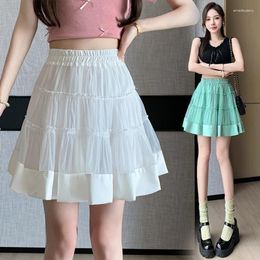 Skirts Summer Lace Pleated Tulle Skirt Women Sexy Solid Colour Ruffle Dance Mesh Tutu Black White Green
