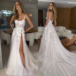 Boho A Line Wedding Dresses Bone Bodice Appliques Spaghetti Slit Tulle Designer Wedding Bridal Gowns 0515
