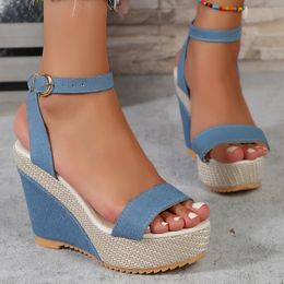 Large Size Thick-soled Wedge Sandals for Women Summer Style One-line Cloth Thick-soled Buckle Sandals 240515