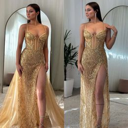 Gold Mermaid Prom Dress Thigh Split Illusion Formal Evening Elegant Detachable Overskirt Glitter Sequins Party Dresses For Special Ocns Promdress 0515