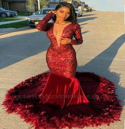 Burgundy Red Mermaid Feather Prom Dresses Sexy Deep Vneck Long sleeve Sequined Velet Long Evening Gowns African Girls Party Robes7411340