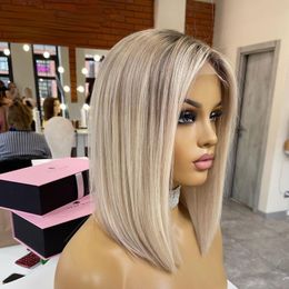 12A Straight Short Bob Wig Highlight Transparent Lace Frontal Human Hair Wigs For Women Honey Blonde Ombre Highlight 13x4 Lace Wig Wholesale factory
