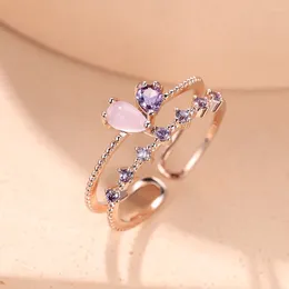 Cluster Rings Female Delicate Small Water Drop Purple Crystal For Women Silver Colour Adjustable Pink Zircon Wedding Bands Party Jewellery