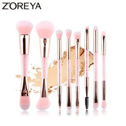 Zoreya Brand Double Head Pink Crystal Makeup Brushes Soft Synthetic Hair Angled Brow Eye Shadow Blending Powder Make Up Set 240511