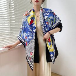 Twill Silk Scarf Women Horsehead Carriage Printing Square Scarves Fashion Versatile Wrap Female Foulard Large Hijab Shawl Neckerchief 130*130CM