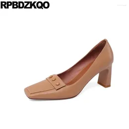 Dress Shoes Size 4 34 Unique 2024 Pumps Square Toe Evening 3 Inch Thick 33 Women Trending Nude Genuine Leather Retro High Heels