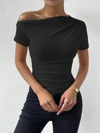 Women's T Shirts Women One Shoulder Ruched Short Sleeve Shirt Summer Fashion Casual Solid Color Slim Fit Tee Top Tshirt Streetwear 2024