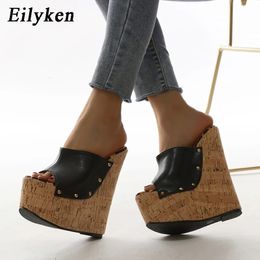 EilyKen Rivet Peep Toe Platform Wedge Slippers Black Summer Shoes Woman Sexy Super High Heels Mules Sandal Size 35-42 240504