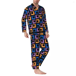 Home Clothing Retro Square Print Pyjama Sets Autumn Vintage Bedroom Sleepwear Male 2 Piece Oversized Design Suit Gift Idea