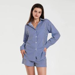 Home Clothing Women Shorts Set Long Sleeve Shirt With Waist Tie Striped Spring Summer Loose 2-piece Outfit