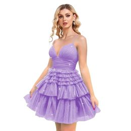 Glitter V Neck Tulle Homecoming Spaghetti Straps Short Prom Teens Ruffles Mini tail Dresses prom AMZ