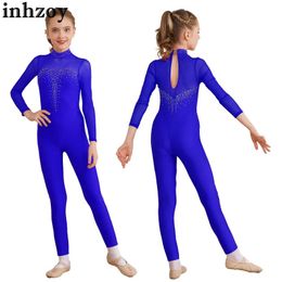 Dancewear Kids Girls Figure Skating Performance Dance Bodysuit Ballet Gymnastic Leotard Long Sleeve Shiny Rhinestone Workout Yoga JumpsuitL2405