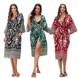 Women Summer Long Sleeve Kimono Swimsuit Cover Up Geometric Print Open Front Loose Cardigans Shawl Beach Dress With Belt