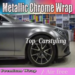 Stickers Metallic Gray chrome Vinyl Car Wrap Film with air bubble free / release Covering styling graphics Covering foil 1.52x20m roll